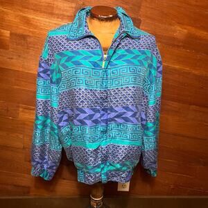VINTAGE 90s 100% Silk Size L Aztec Geometric Windbreaker FUDA International